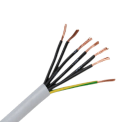 A close-up of a multi-core cable with a gray outer sheath, showing several black insulated wires with exposed copper strands, plus one yellow and one green wire, on a white background.