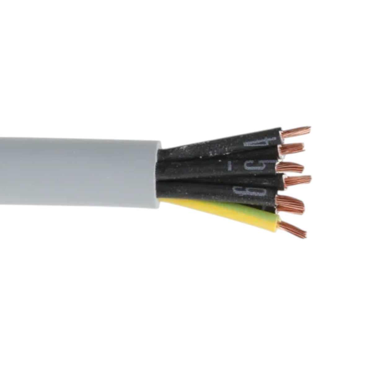 A close-up of a multi-core electrical cable showing the outer gray sheath, black insulated wires, yellow ground wire, and exposed copper-colored metal terminals on a white background.