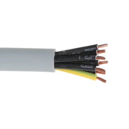 A close-up of a multi-core electrical cable showing the outer gray sheath, black insulated wires, yellow ground wire, and exposed copper-colored metal terminals on a white background.