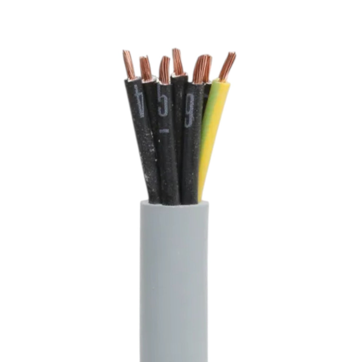 A close-up of a gray electrical cable showing five exposed copper wires with black and yellow protective insulation.