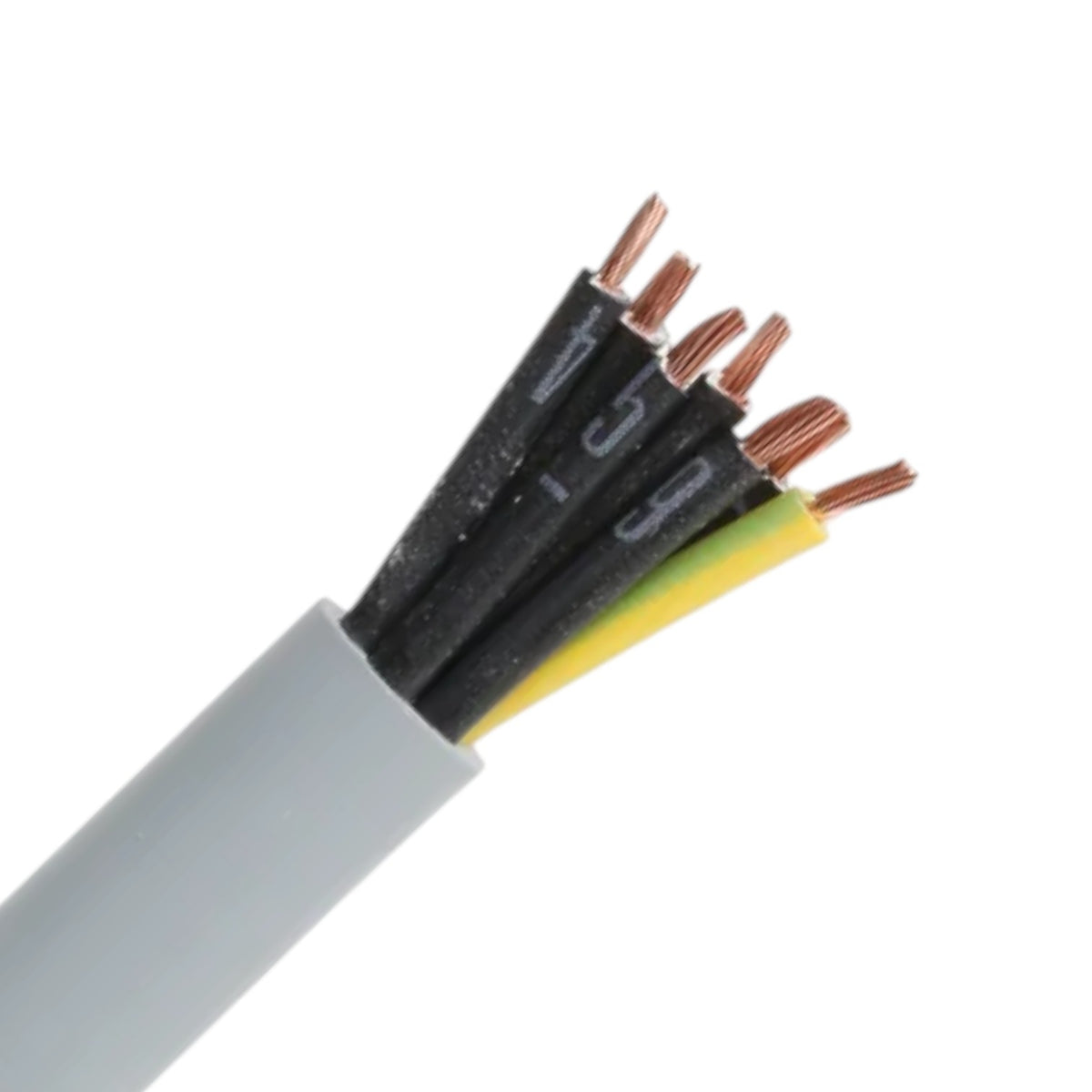 A close-up of a multi-core electrical cable showing the exposed inner wires, including copper-colored conductors, a black wire, a yellow wire, and a gray outer sheath, on a white background.