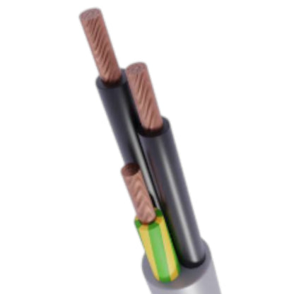 A close-up of a multi-core electrical cable with black outer sheathing, copper-colored wire strands, and a green and yellow inner accent, isolated on a white background.