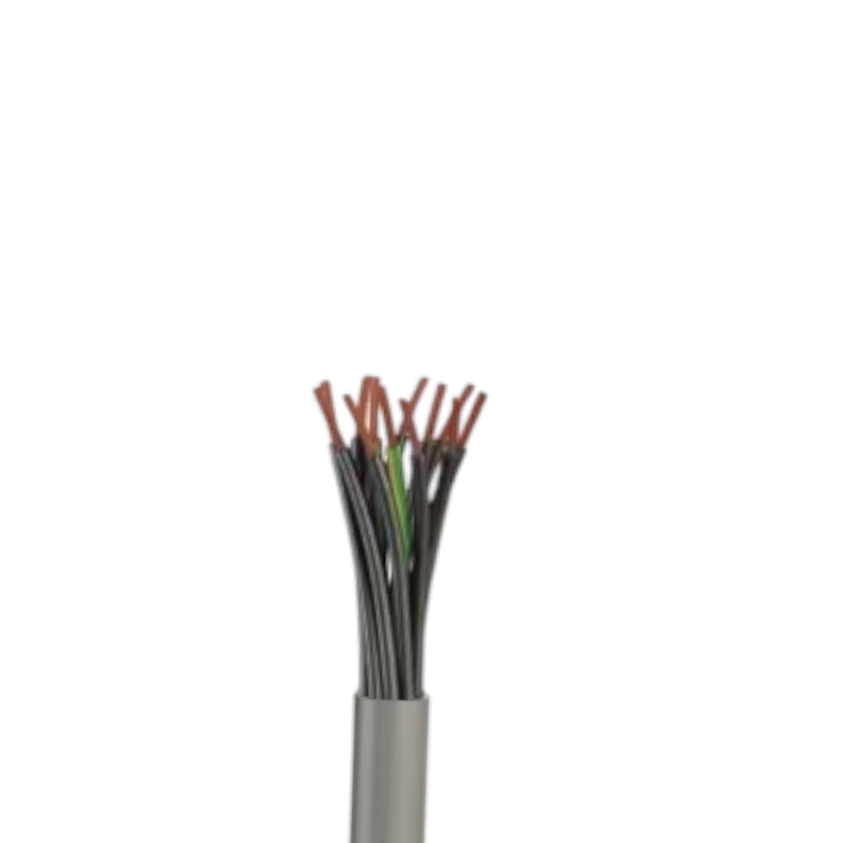 A close-up of a multi-core cable showing its outer gray sheath and exposed copper-colored wires with a small green wire in the center, isolated on a white background.