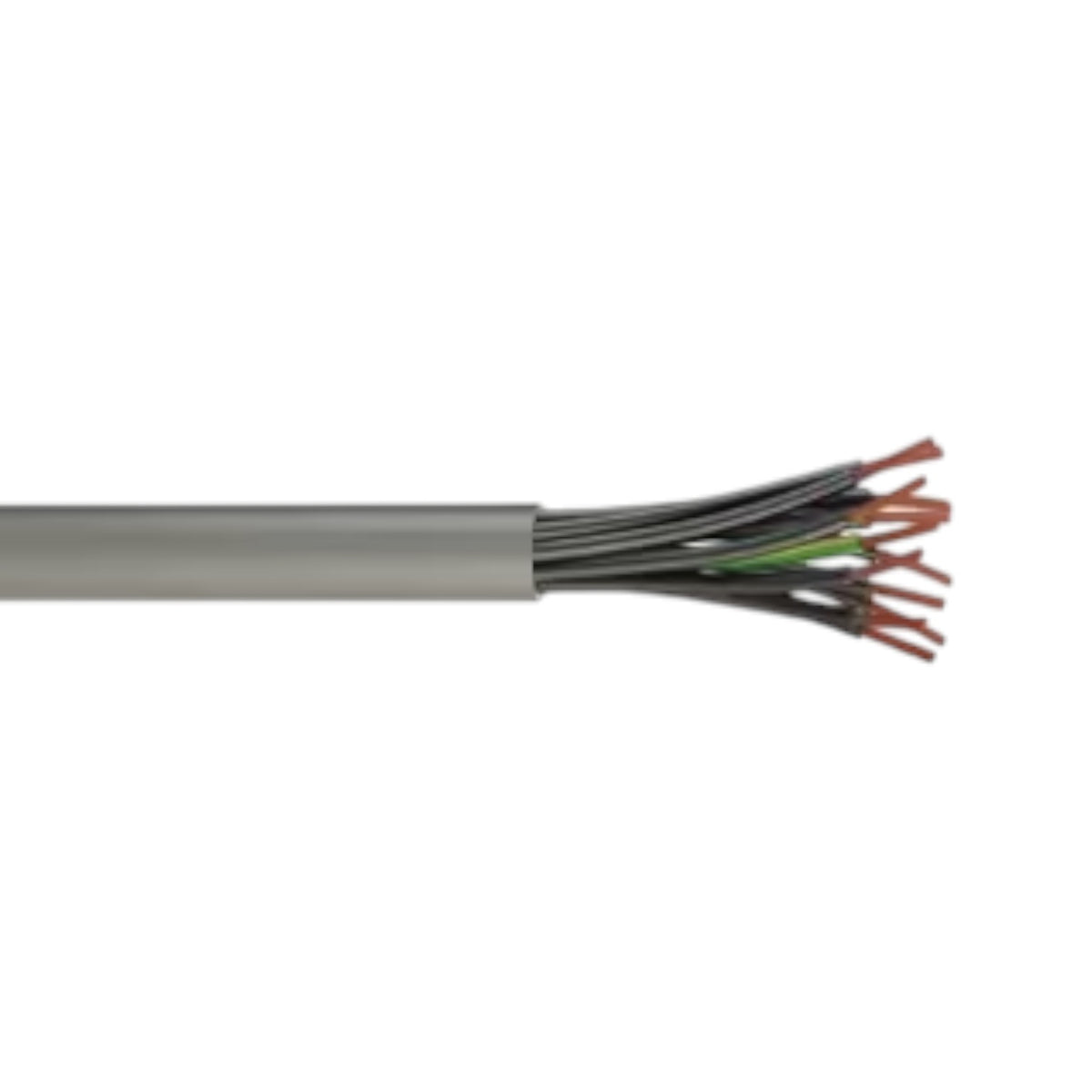 A close-up of a multi-core cable showing the outer gray sheath and exposed internal wires with copper-colored ends on a white background.