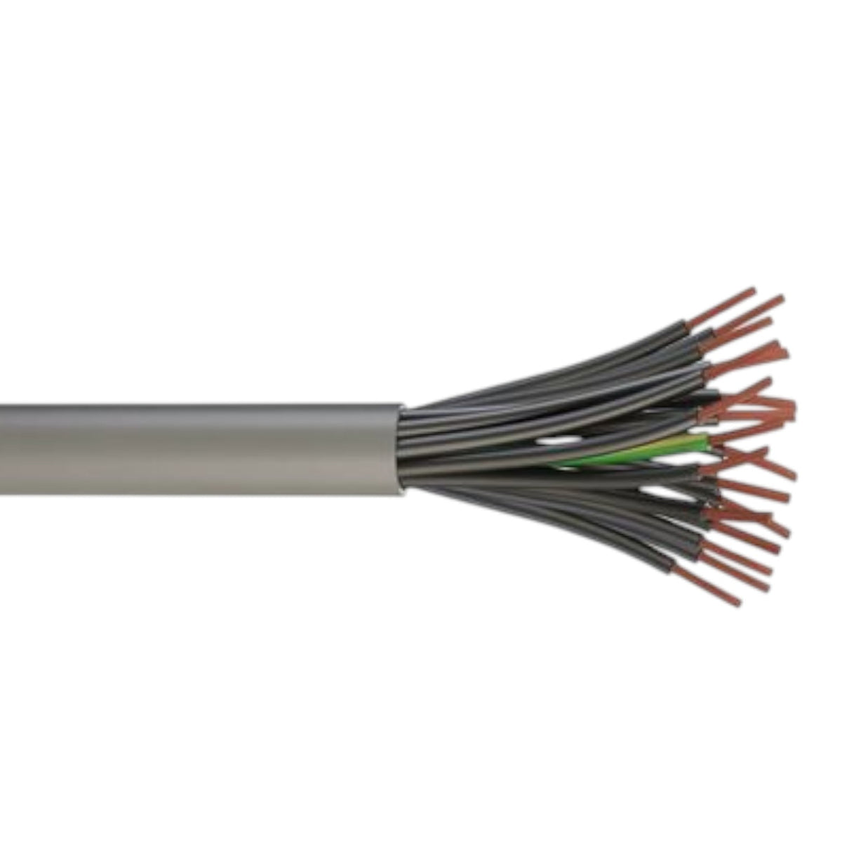 A close-up of a multi-core electrical cable with a gray outer jacket, showing multiple black insulated wires with exposed copper-colored conductors and a small green wire, isolated on a white background.