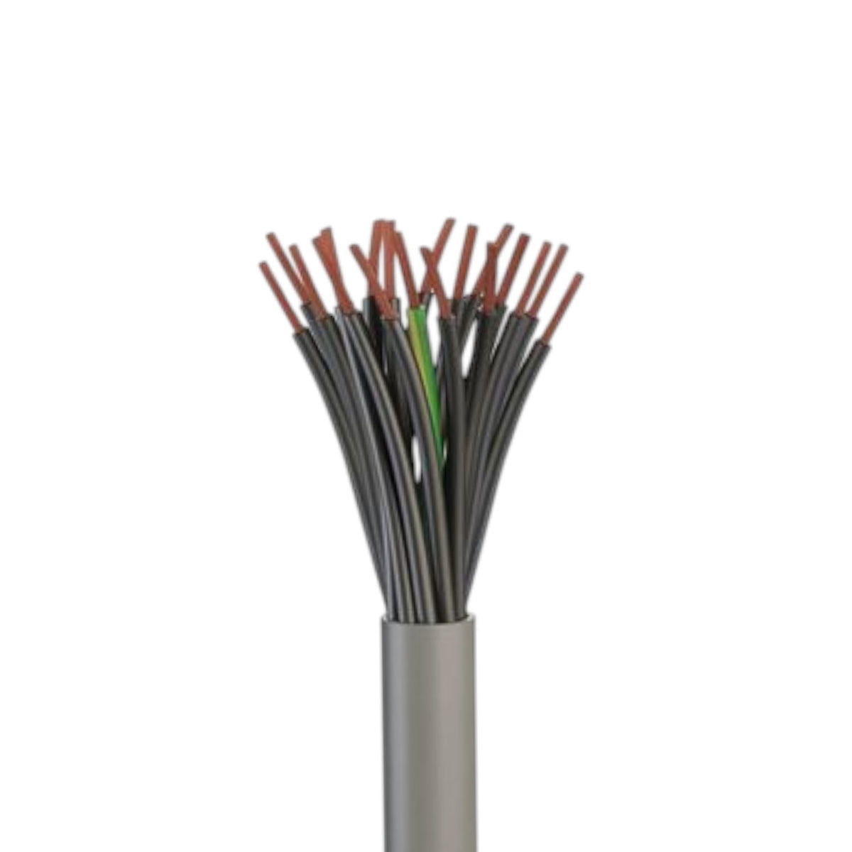 A close-up of a multi-core cable with black outer sheathing, showing multiple strands of black, gray, and green wire with copper-colored ends, isolated on a white background.