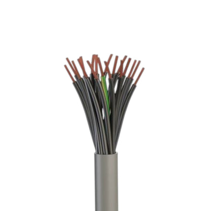 A close-up of a multi-core cable with black outer sheathing, showing multiple strands of black, gray, and green wire with copper-colored ends, isolated on a white background.
