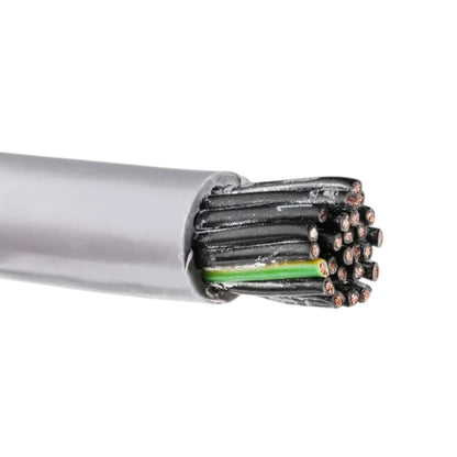 A close-up of a gray multi-core cable with its outer sheath stripped back, showing multiple black insulated wires and a single green inner wire with copper-colored ends, on a white background.