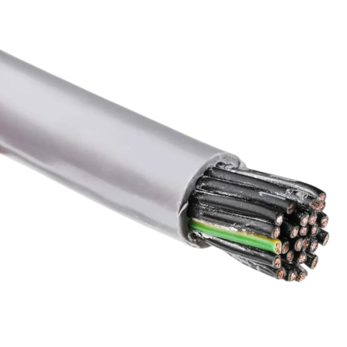A close-up of a multi-core electrical cable with a gray outer sheath, showing multiple black internal wires and a green core, isolated on a white background.