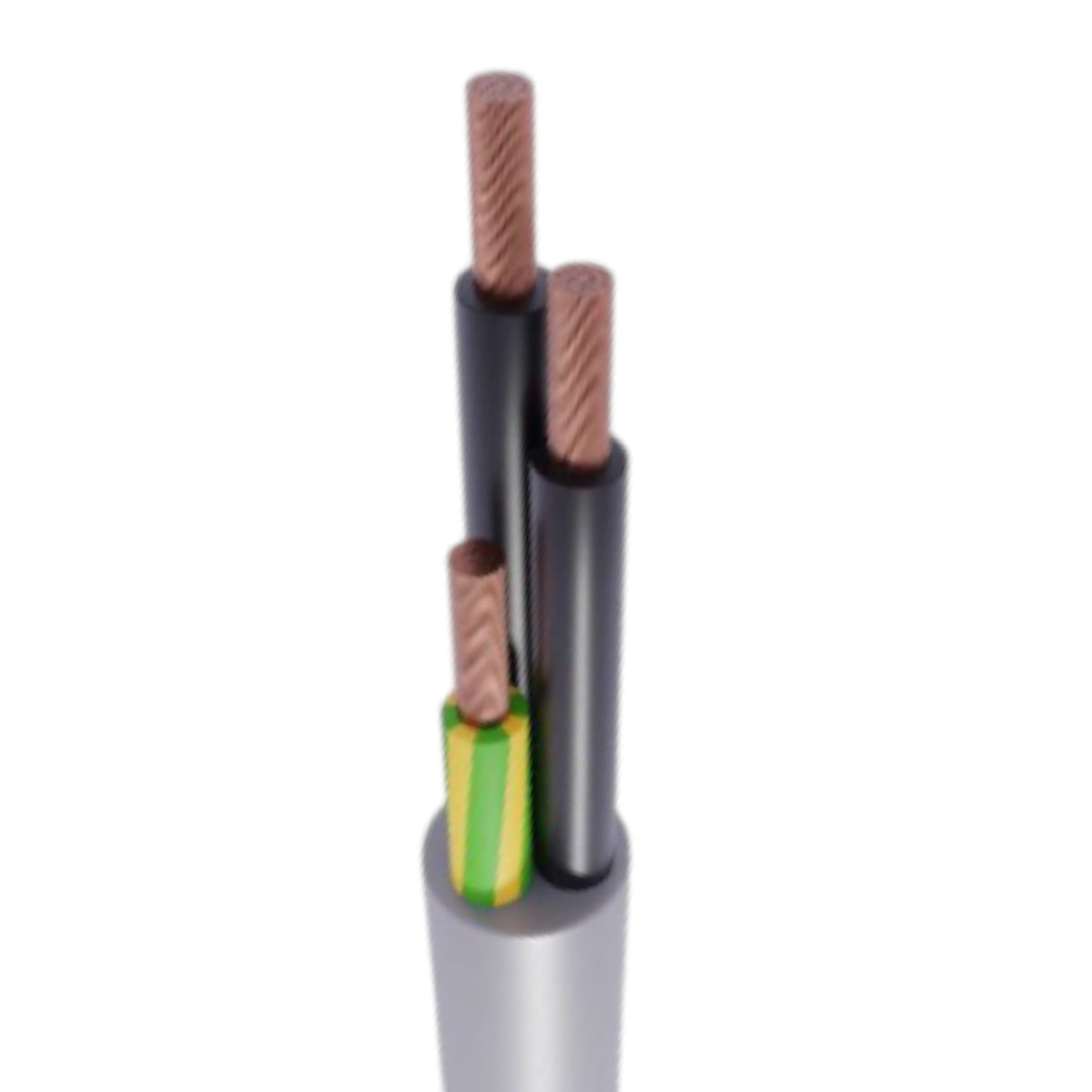 A close-up of a multi-core electrical cable showing its internal structure, including black outer sheathing, copper-colored twisted wires, and a green and yellow striped inner conductor, on a white background.