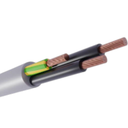 A close-up of a multi-core electrical cable showing the outer gray sheath, black insulation, a green and yellow inner layer, and copper-colored wire strands.