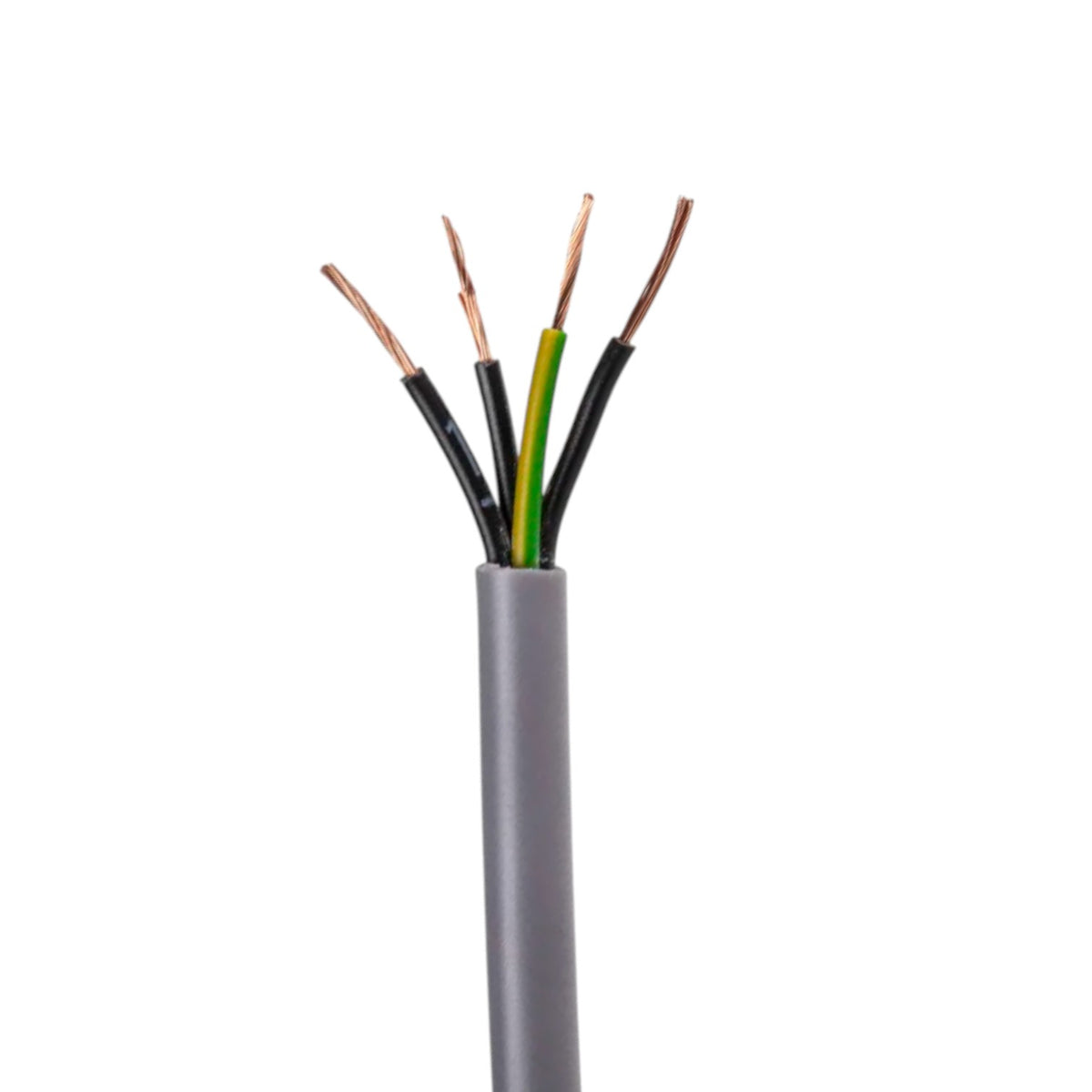 A close-up of a gray multi-core cable with four exposed wires, including two black wires, one green wire, and two copper-colored wires, on a white background.