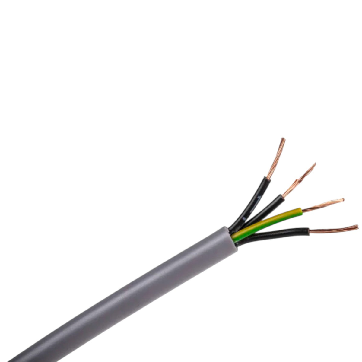 A close-up of a gray multi-core cable with its outer sheath peeled back to reveal five internal wires in black, green, and white, with exposed copper strands at the tips, set against a plain white background.