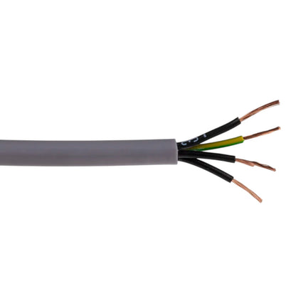 A close-up of a gray multi-core cable with its outer sheath partially stripped, showing four internal black wires with copper-colored ends, one green wire, and one black wire with a copper end, on a white background.