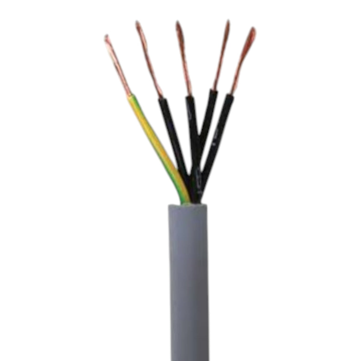 A gray multi-core cable with five exposed wires showing copper cores, one yellow wire, and four black wires, isolated on a white background.