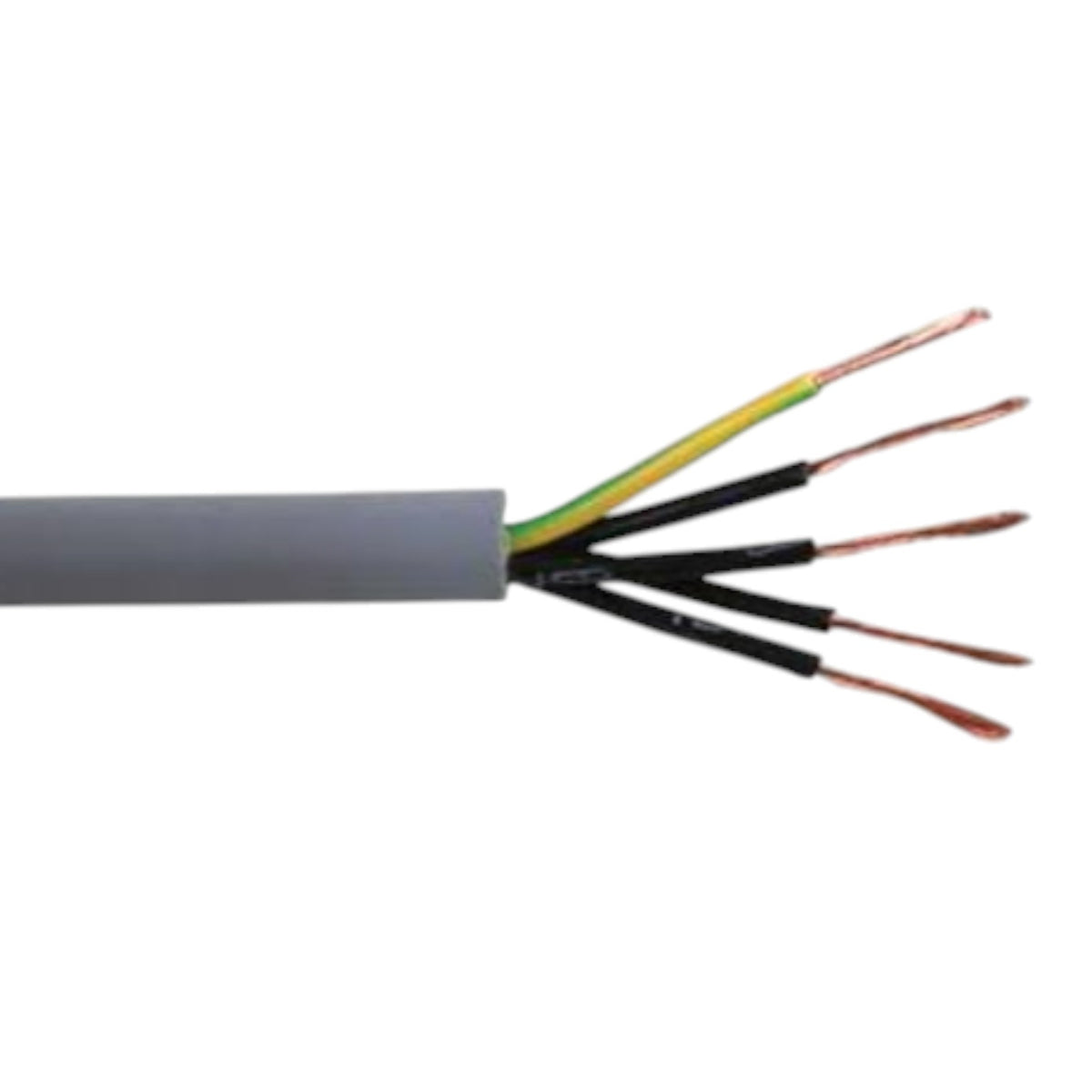 A close-up of a gray multi-core cable with its outer sheath stripped open, showing five internal wires in black, green, and yellow with exposed copper-colored conductors.