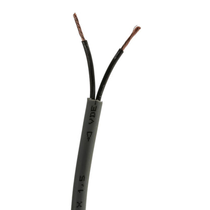 A close-up of a black two-core cable with the ends exposed, showing copper-colored wires inside, on a plain white background.
