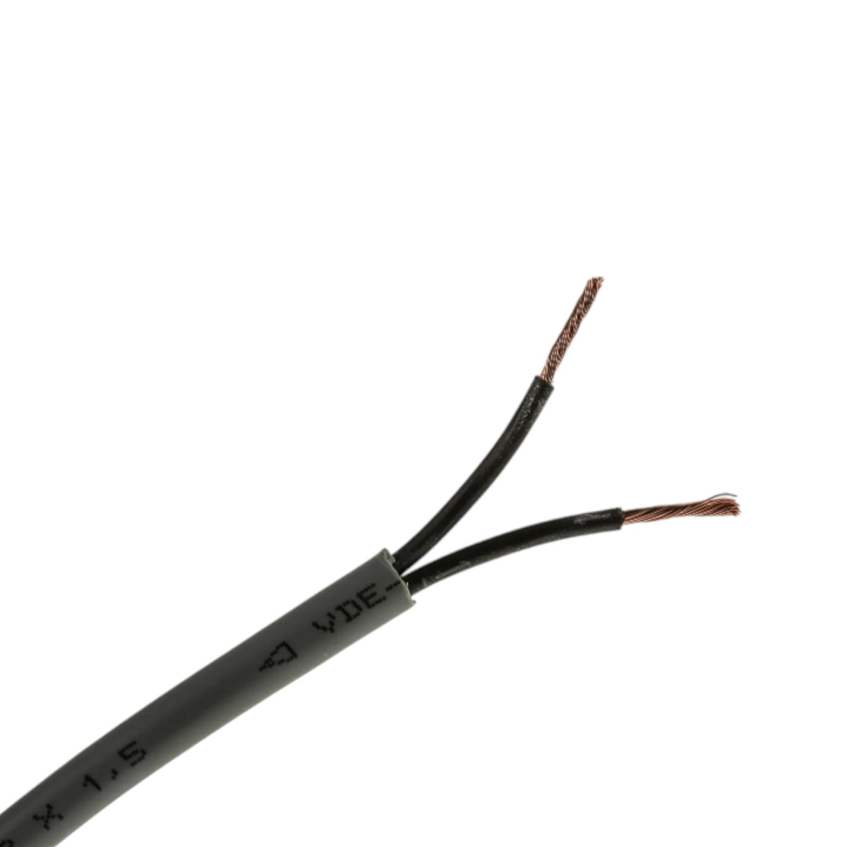 A close-up of a gray multi-core cable with two exposed black-insulated wires showing copper-colored strands, on a plain white background.