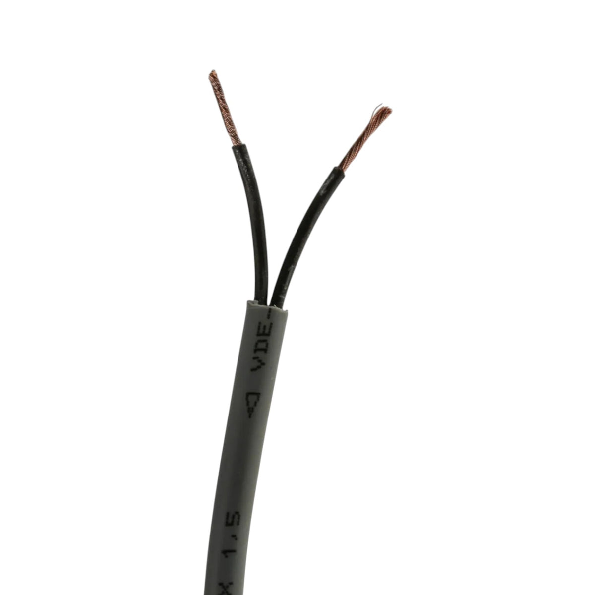 A close-up of a gray multi-core cable with two exposed ends showing copper wires, on a solid white background.