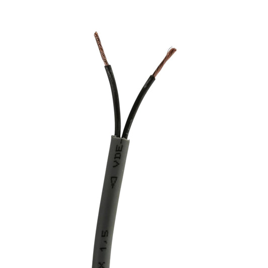 A close-up of a gray multi-core cable with two exposed ends showing copper wires, on a solid white background.