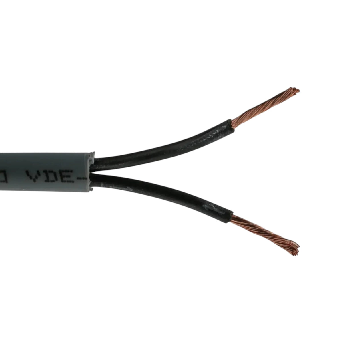 A close-up of a black cable with its outer sheath partially removed, showing two exposed copper wire strands on a plain white background.