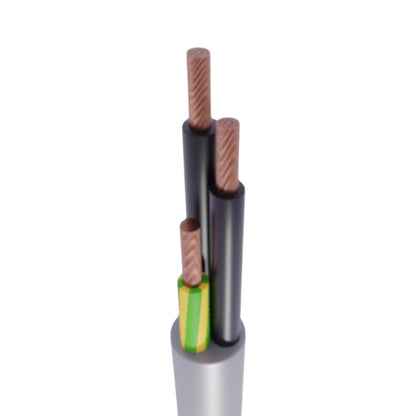 A close-up of a multi-core electrical cable showing its internal structure, including black outer sheathing, copper-colored twisted wire strands, and a green and yellow striped inner layer, on a white background.
