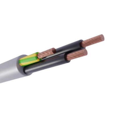 A close-up of a multi-core electrical cable showing its internal structure, including a gray outer jacket, black inner wires, a green and yellow striped shielding layer, and copper-colored twisted conductors, set against a plain white background.