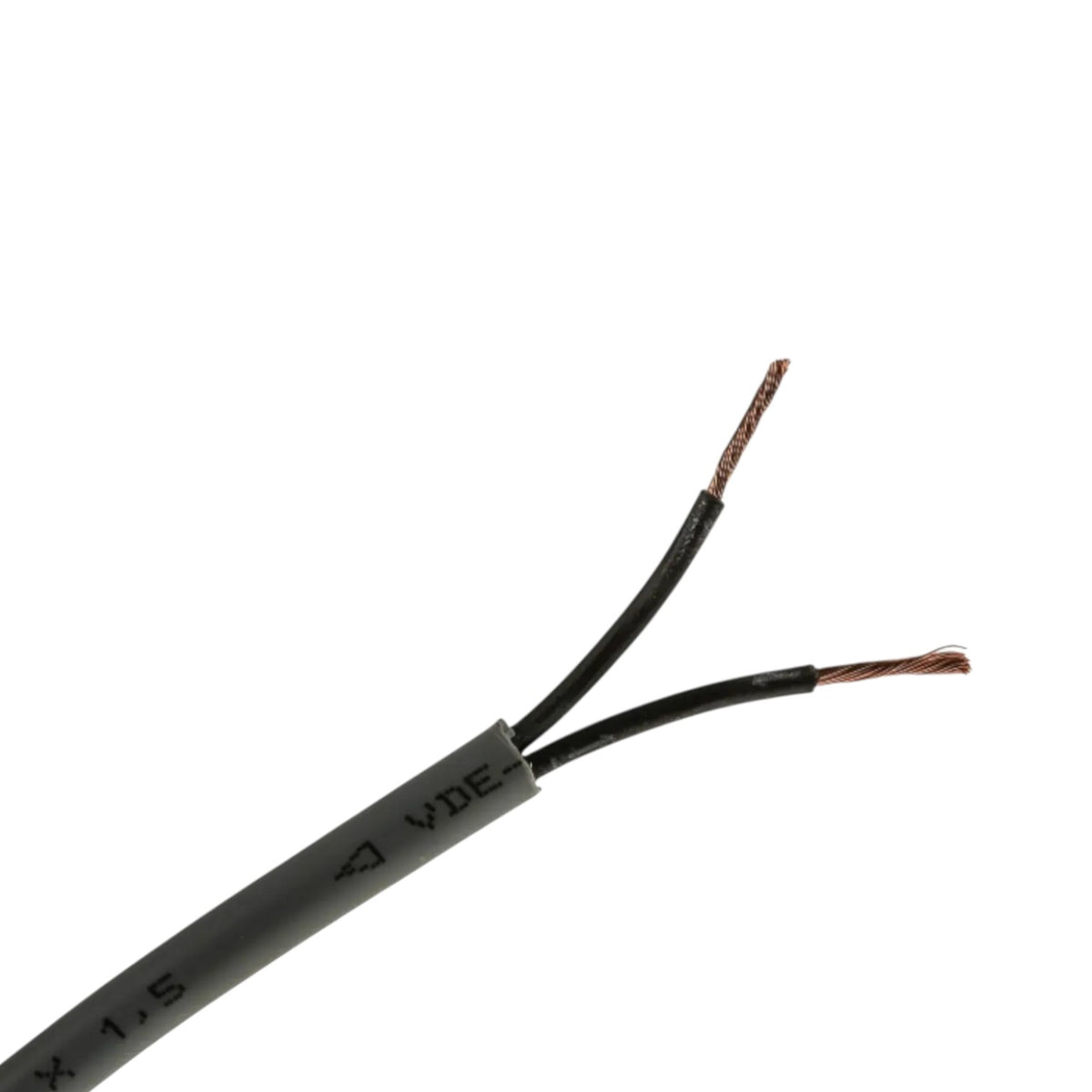 A close-up of a gray electrical cable with two exposed black-wrapped strands ending in copper-colored metal tips, shown on a plain white background.