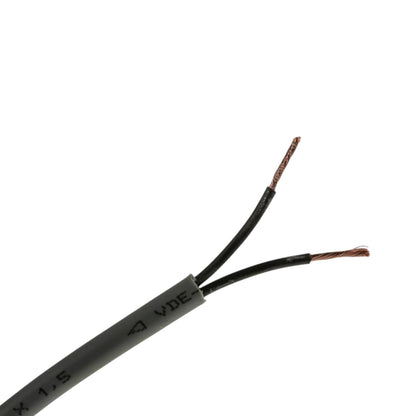 A close-up of a gray electrical cable with two exposed black-wrapped strands ending in copper-colored metal tips, shown on a plain white background.
