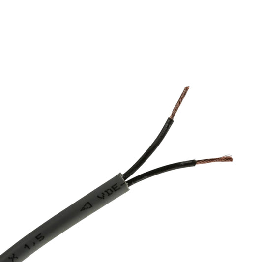 A close-up of a gray electrical cable with two exposed black-wrapped strands ending in copper-colored metal tips, shown on a plain white background.