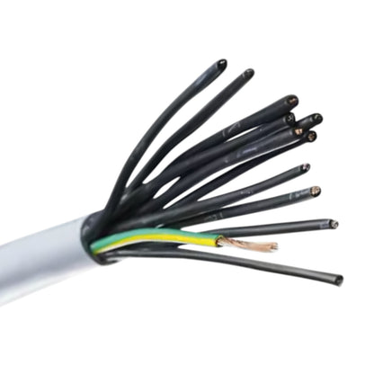A close-up of a multi-core electrical cable with black outer sheathing, showing the exposed inner wires in green, yellow, and brown on a white background.