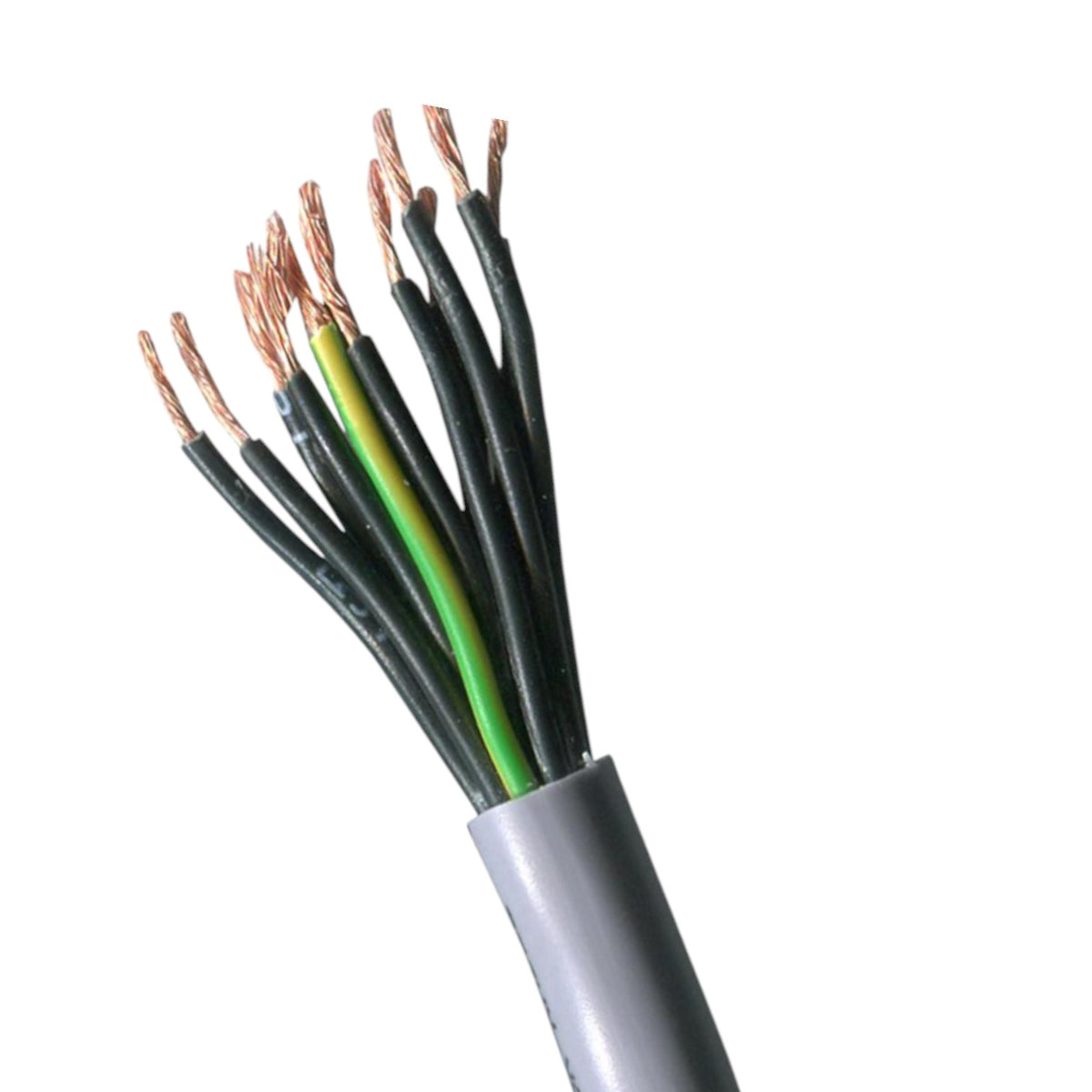A close-up of a multi-core electrical cable with exposed copper wire strands and colored insulation, shown against a plain white background.