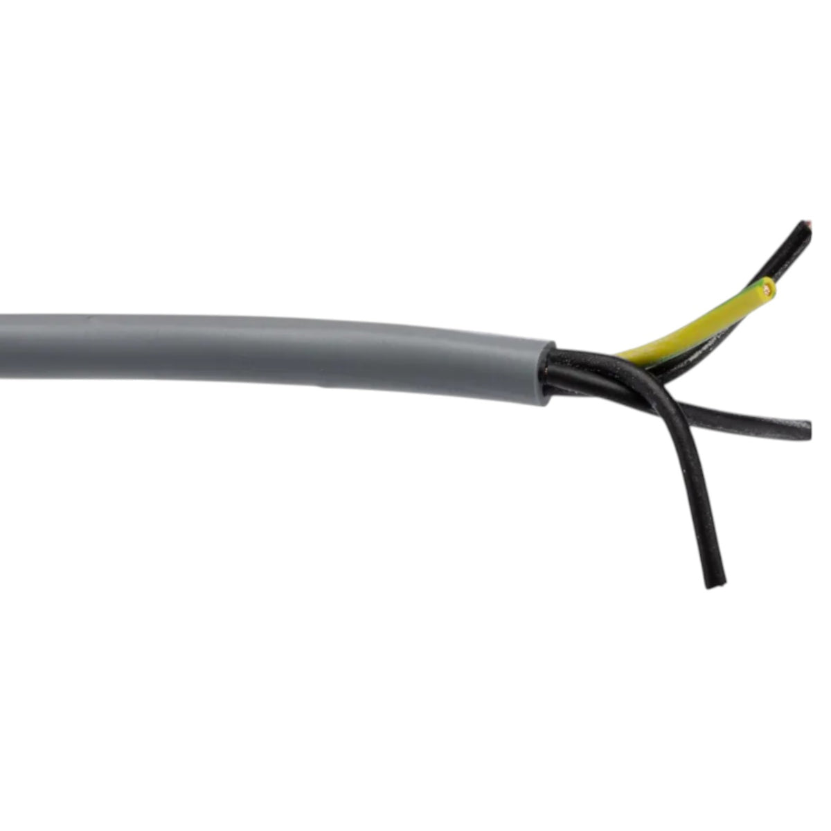 A close-up of a gray electrical cable with its outer jacket stripped back to show two black wires and a yellow ground wire, isolated on a white background.