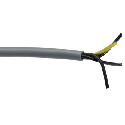 A close-up of a gray electrical cable with its outer jacket stripped back to show two black wires and a yellow ground wire, isolated on a white background.
