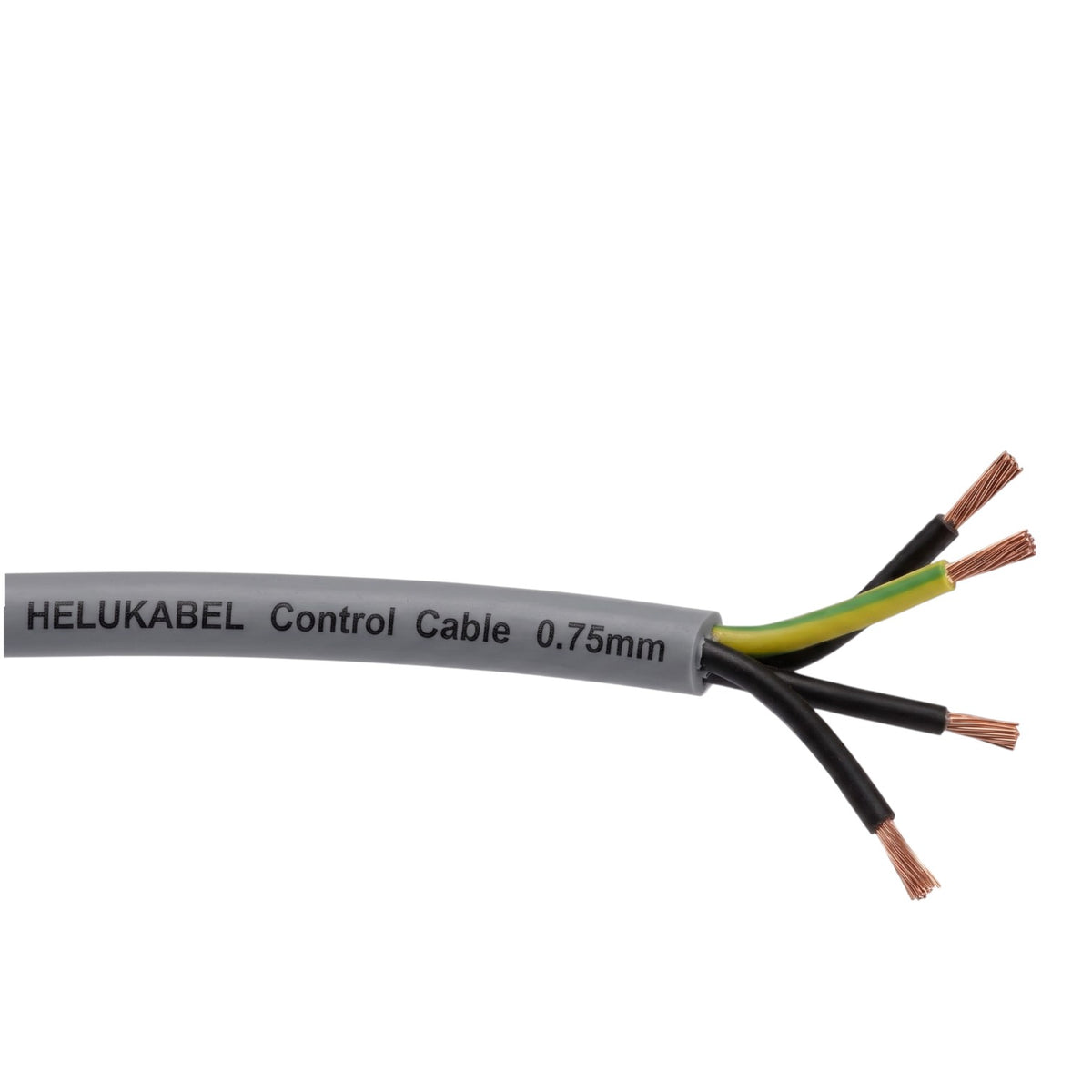 A close-up of a gray HELUKABEL control cable, 0.75mm, showing its exposed inner wires with copper cores.