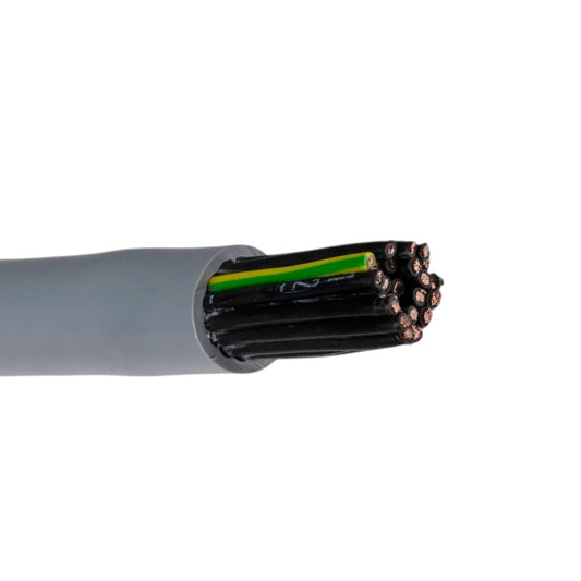 A close-up of a gray electrical cable with its outer sheath removed, showing multiple black insulated wires with copper-colored ends and a green inner stripe, on a white background.