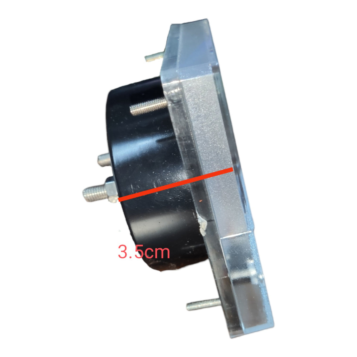 A black cylindrical component with a silver metal flange and multiple silver pins, shown on a white background with a red measurement line labeled 3.5cm.