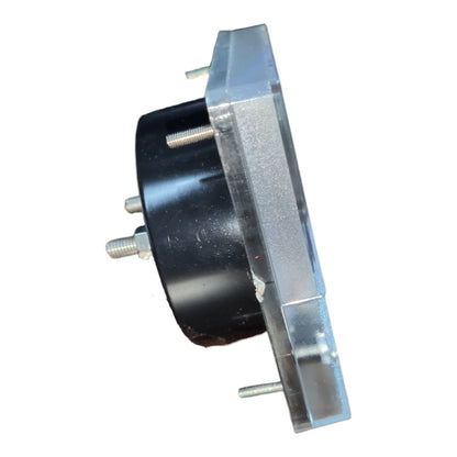 A black circular mechanical component with a silver metal mounting bracket and several threaded studs, shown on a plain white background.