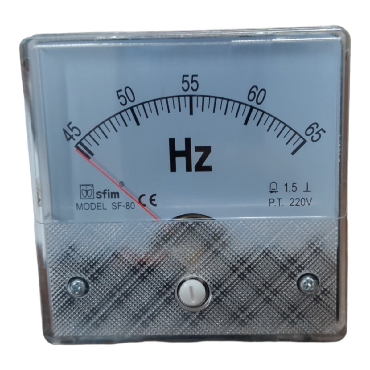 A square analog frequency meter with a clear protective cover, featuring a white dial face with black markings for Hz (45-65), a red needle, and a textured gray lower section with a central white adjustment screw.