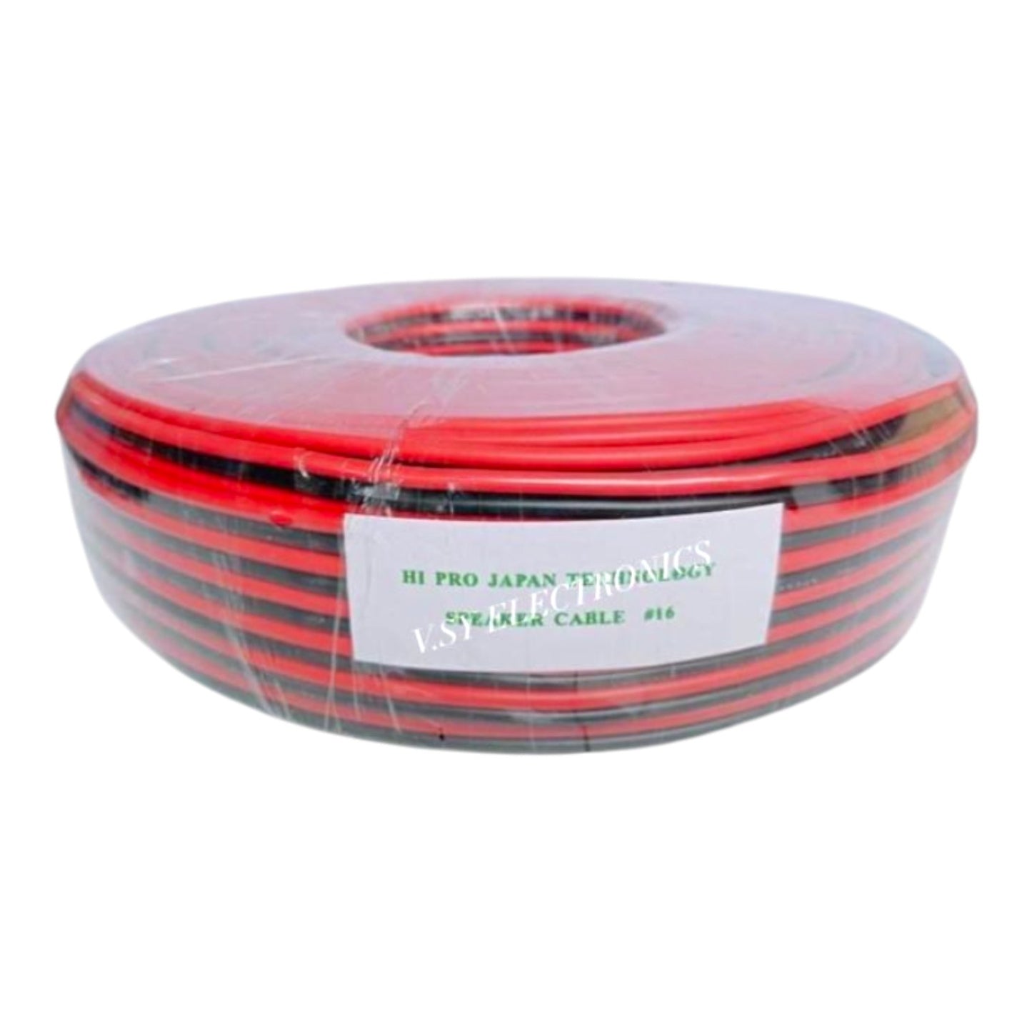 A spool of red and black twisted pair cable wrapped in clear protective plastic, featuring a white label with green text that reads 'HI PRO JAPAN TECHNOLOGY' and 'TWISTED CABLE #14'.