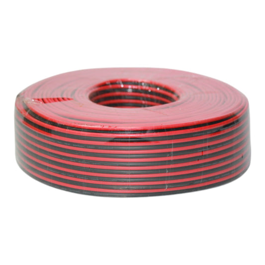 A spool of red and black striped electrical wire or cable, photographed on a plain white background.