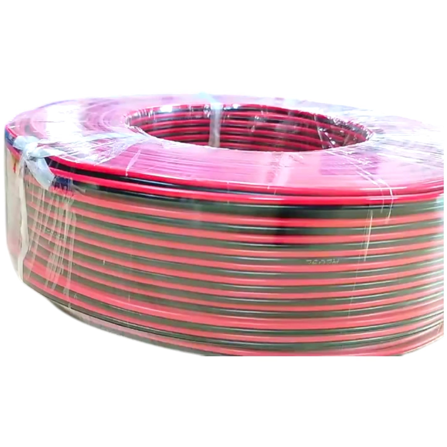 A large spool of red and black electrical wire wrapped in clear plastic, shown on a plain white background.