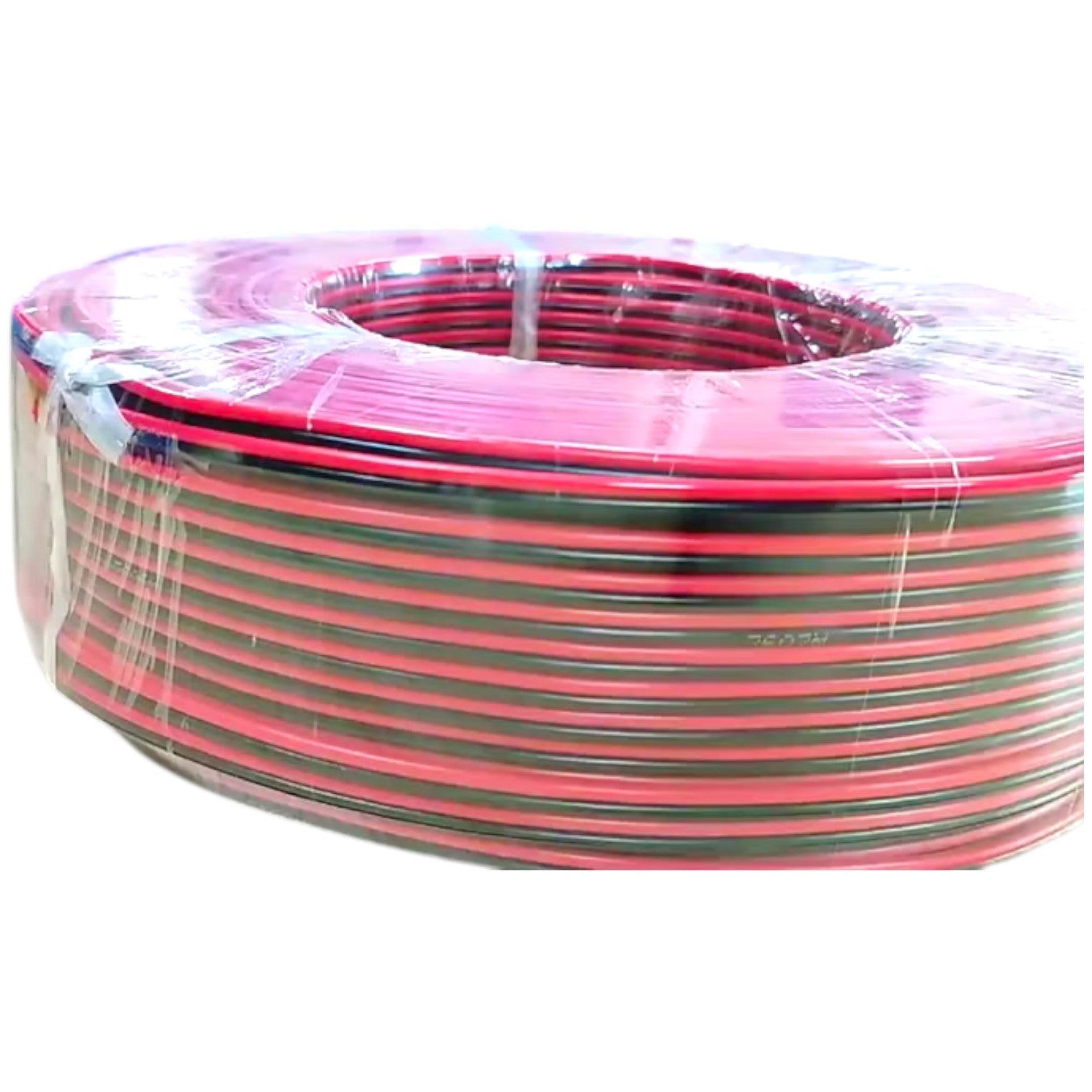 A large spool of red and black electrical wire wrapped in clear plastic, shown on a plain white background.