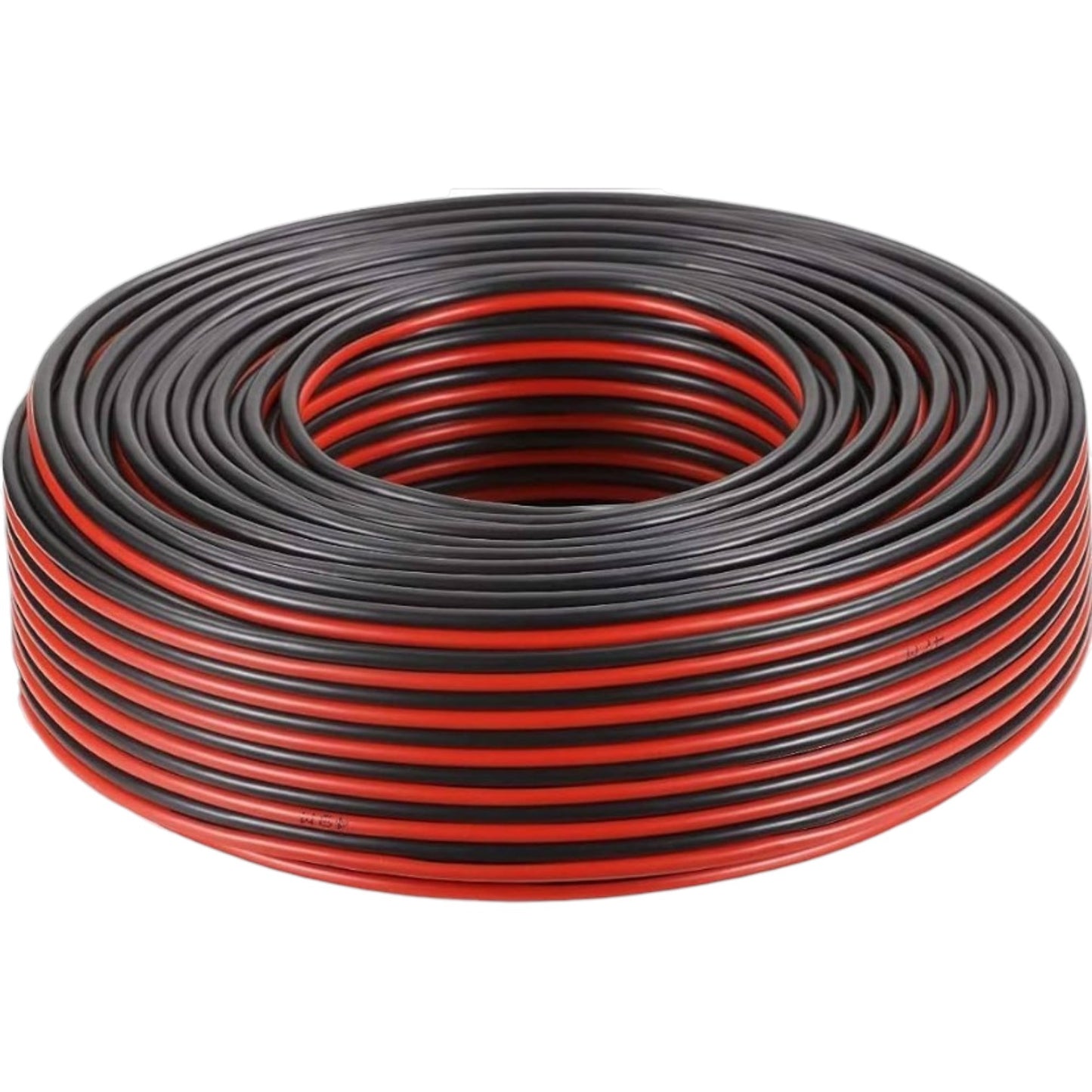 A coiled roll of black and red electrical wire or cable on a plain white background.