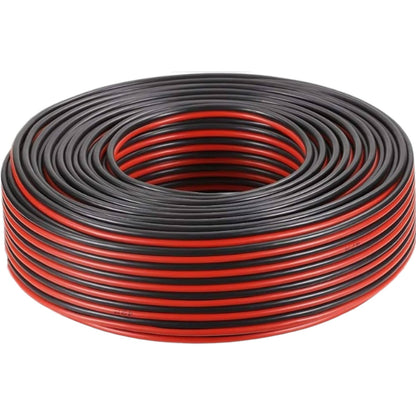 A coiled roll of black and red electrical wire or cable on a plain white background.