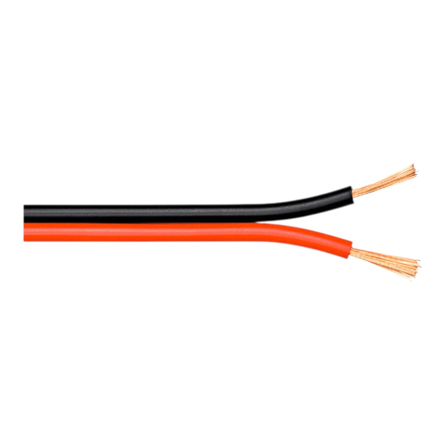 Two bare copper-wrapped electrical wires, one black and one orange, shown against a plain white background.
