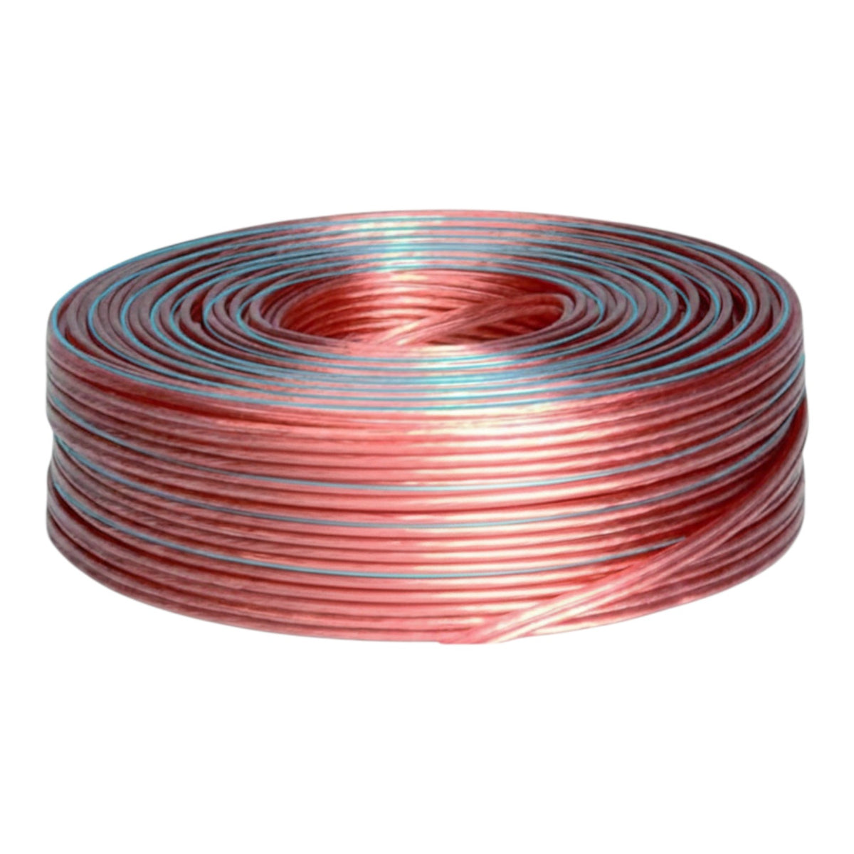 A coil of thin copper-colored wire with two thin silver-colored wires running parallel to it, photographed on a solid white background.