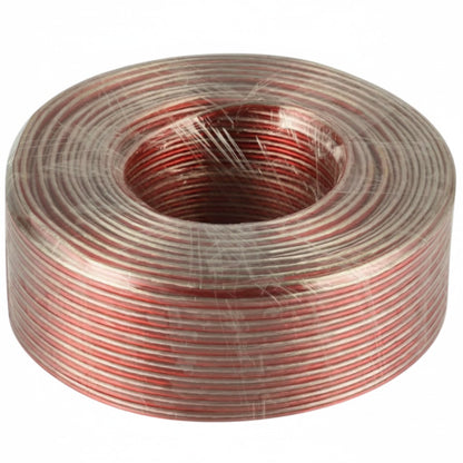 A spool of red insulated wire wrapped in clear protective plastic, shown against a plain white background.