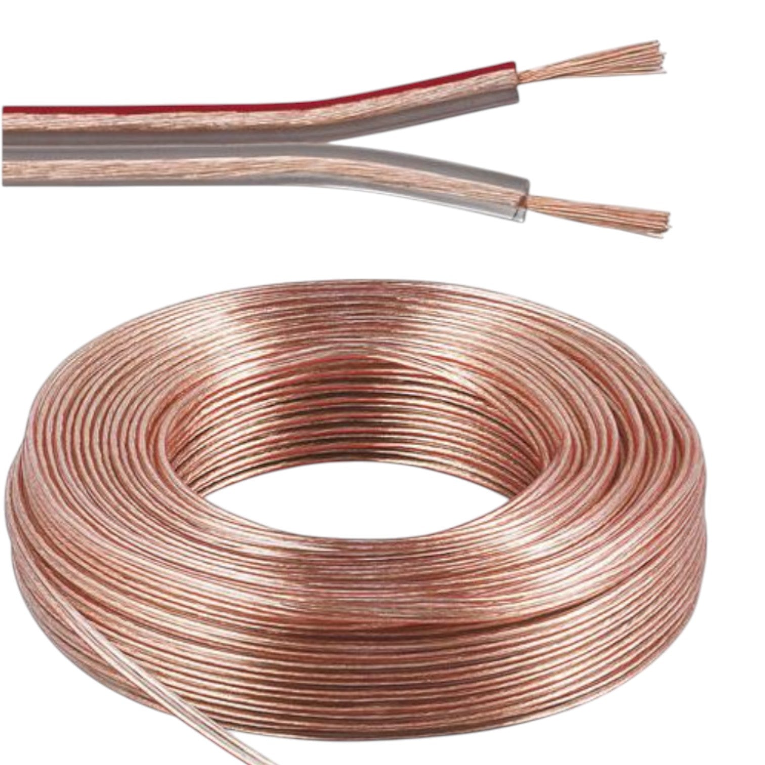 A coiled copper wire or electrical cable shown on a white background, with a close-up inset at the top showing the inner strands and red outer layer of one of the exposed wires.