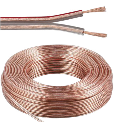 A coiled copper wire or electrical cable shown on a white background, with a close-up inset at the top showing the inner strands and red outer layer of one of the exposed wires.